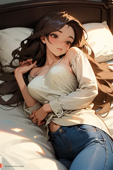 ((best quality)), ((masterpiece)), (Detailed description): girl with long, luscious locks is the center of attention in this illustration. She is wearing a deep V-neck camisole top that accentuates her decolletage, and her jeans trousers hug her curves in ...