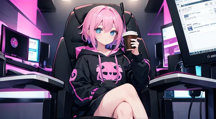 girl　black and pink hair　long　blue eyes　Black hoodie　１Looking at a computer screen　Drink coffee　Sit in a gaming chair