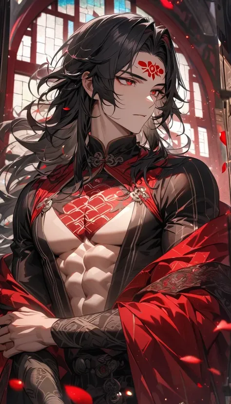 absurdres, highres, ultra detailed, HDR, master piece, best quality, perfect face, beautiful eyes, Luo Binghe, black long hair, without bangs, expressive red eyes, Scumbag System, solo, sexy man, handsome, red mark on the forehead, black and red robes, pat...