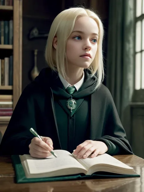 A beautiful girl with honey eyes and blonde hair is wearing a black cloak and is a member of the Slytherin group./She is looking angrily at Draco Malfoy while she is in her room with a book in her hand. The room is dark/Realistic style_Harry Potter story