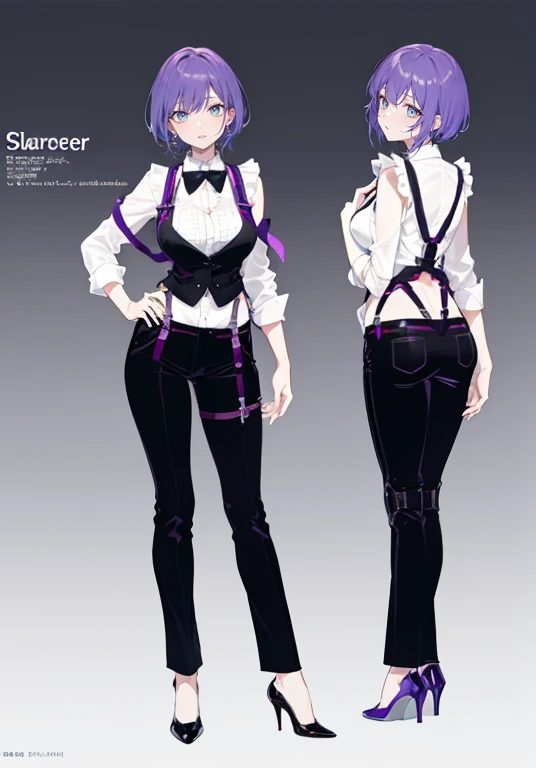 ((Perfect Face)),Purple Hair,short hair,1 female,bartender,(((Body Harness))),Black vest,slacks,High heels,,((Simple light color background)),((smile)),((whole body)),((Full Body)),Portraits,virtual,upright,