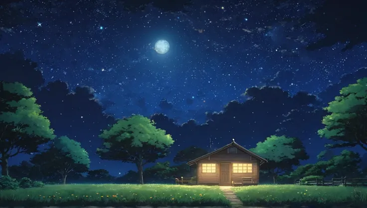 summer night,dark light,starry sky,dark light,nobody,Ghibli style,high quality