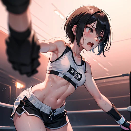 Cute slender high school girl, mixed martial arts match in ring, impatient, desperate expression, punching, sweaty, mouth open, out of breath, just a few muscle sinews visible, short black hair, small breasts, pink and white sports bra, high leg shorts, op...