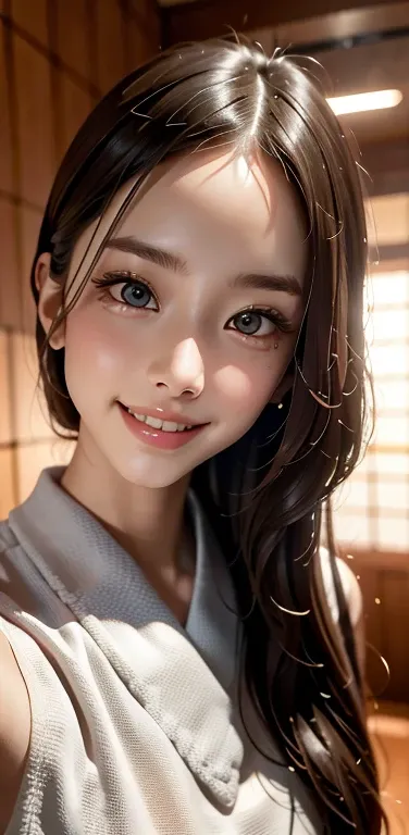 masterpiece, 1 beautiful girl, detailed, Swollen eyes, highest quality, 超High resolution, (reality: 1.4), Original photo, One girl, Cinema Lighting, smile, Japanese, Asian Beauty, Korean, clean, so beautiful, Small young face, Beautiful Skin, thin, Cyberpu...