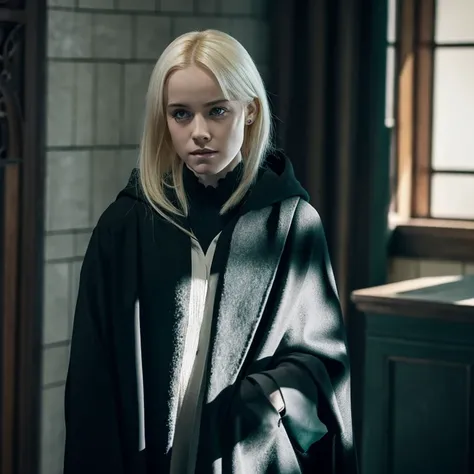 A beautiful girl with honey eyes and blonde hair is wearing a black cloak and is a member of the Slytherin group She is looking angrily at Draco Malfoy while she is in her room . The room is dark