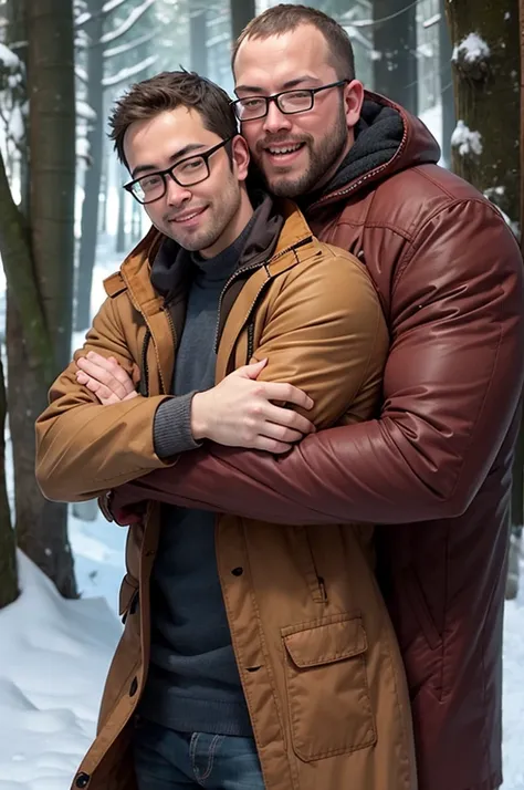 man hug a bear, glasses, smile, mature male, round face, in a snow forest, warm clothes