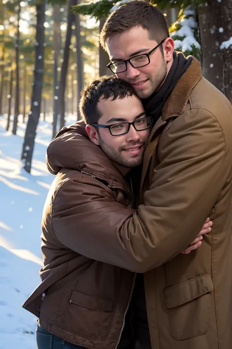 man hug a bear, glasses, smile, mature male, round face, in a snow forest, warm clothes