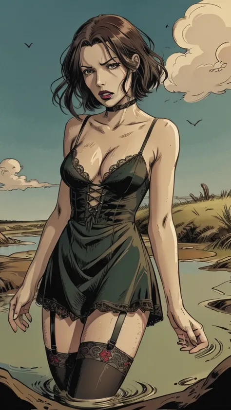 vector image, anime, close-up, mature woman head , gloomy orgasm, gothic look, short lace dress with narrow straps, stockings, drowning in the middle of quicksand bog, green,sky, red lips