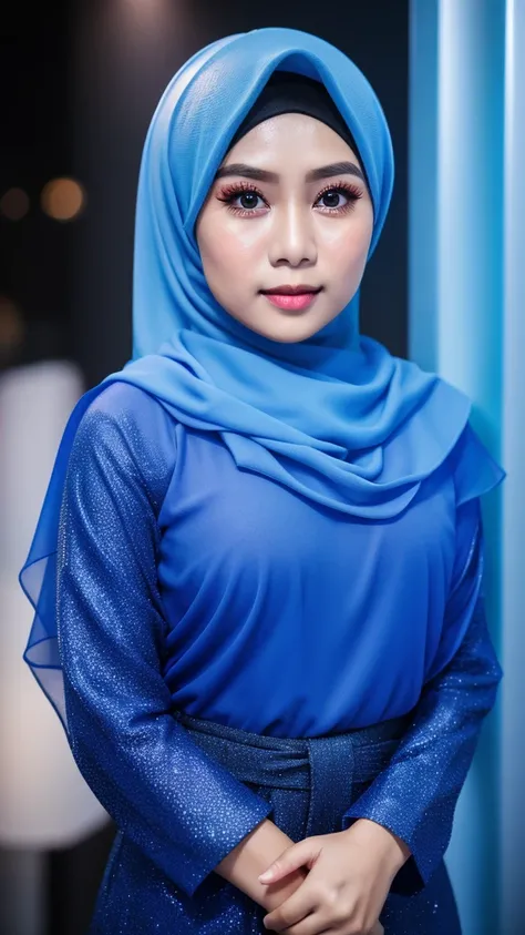 1 malay girl , modern pom-pom hijab,  shy, medium portrait shot , watery  eyes , blue glowing particles, wear pastel blue high waist pants and white shirts, blue bokeh light background, bright front light,