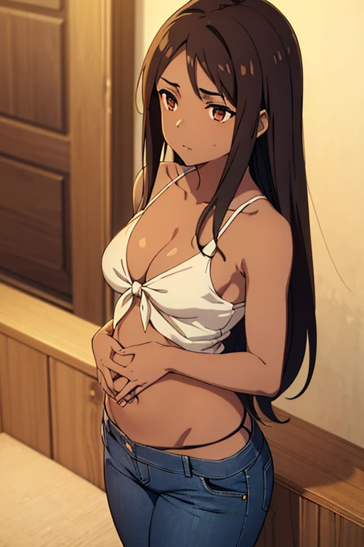 ((best quality)), ((masterpiece)), (detailed), perfect face, brown skin anime girl in a deep V Neck front-tie top, (bare shoulders), (jeans trousers), famished in hunger, (gently resting hands on stomach), (long hair), (hands on her stomach)