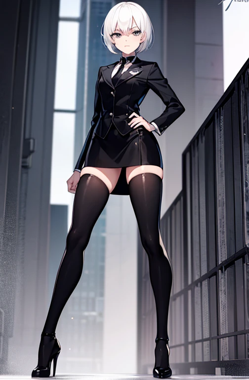 anime girl, tall, thin body, short white hair, black eyes, strict black suit, black stockings, adult look, serious face, high heel, anime style