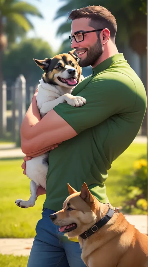 a man with a beard and a german sheppard dog, the man wearing glasses, green shirt, in a dog's park, the man carrying and huggin...