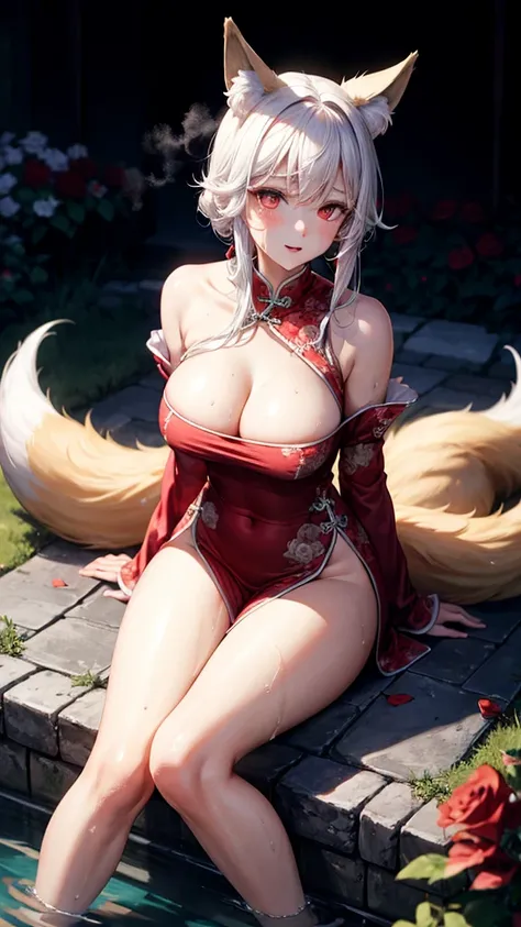 White hair、red eyes、Beautiful girl alone、Fluffy dresses、off shoulders、Western-style castle、Bright red roses、((fox ears)),steam,wet clothes ,china dress,(masterpiece), best quality, expressive eyes, perfect face,w sitting, w sitting on ground, arm between l...