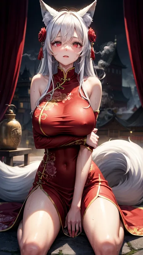 White hair、red eyes、Beautiful girl alone、Fluffy dresses、off shoulders、Western-style castle、Bright red roses、((fox ears)),steam,wet clothes ,china dress,(masterpiece), best quality, expressive eyes, perfect face,w sitting, w sitting on ground, arm between l...