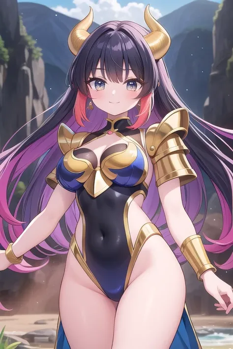 Une femme, 25 ans, manches, cheveux longs, cheveux multicolores, romantic smile, details, Saint Seiya, armure noire,  armure mythique, Saint Seiya Cosplay, Armure de chevalier, dans le royaume des enfers, enfers, ambiance sombre, montagnes, lave, fantomes,...