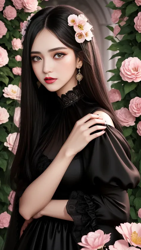 Teenage girl, long black hair, light brown eyes, gorgeous face, crying, apply light pink lipstick, highlight face and eyes, black evening dress, baroque, formidable, slim, gloomy round flower garden background, 30k, exquisite clothing details, high profile...