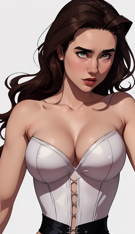 GTA character style illustration and Completely naked breasts showing a little fear Breast size Cartoon name: Isabella Cruz white background medium breasts freckled face Hermione Granger actress strong contours Physical description - long straight hair, ti...