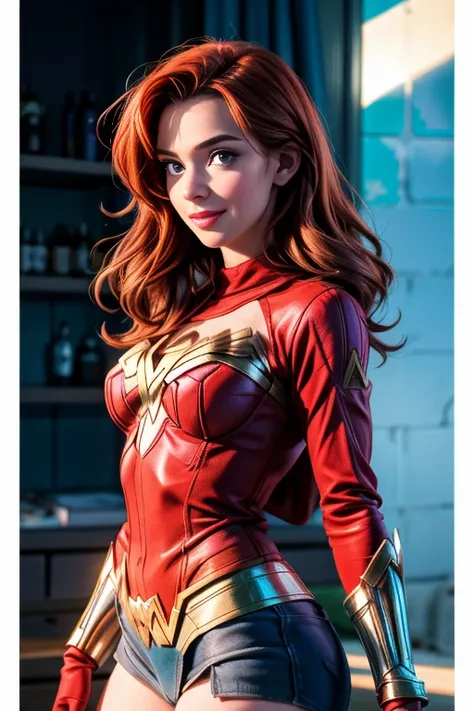 une femme de 25 ans, rousse, sexy, romantic smile, a lot of details, wonderwoman