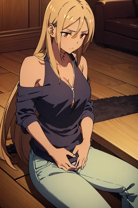 ((best quality)), ((masterpiece)), (detailed), perfect face, brown skin anime girl in a deep V Neck collared shirt, (bare shoulders), (jeans trousers), famished in hunger, (gently resting hands on stomach), (long hair), (hands on her stomach)