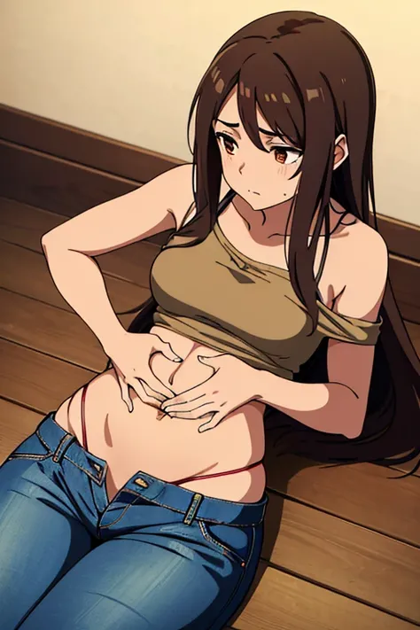 ((best quality)), ((masterpiece)), (detailed), perfect face, brown skin anime girl in a shirt, (bare shoulders), (jeans trousers), famished in hunger, (gently resting hands on stomach), (long hair), (hands on her stomach)