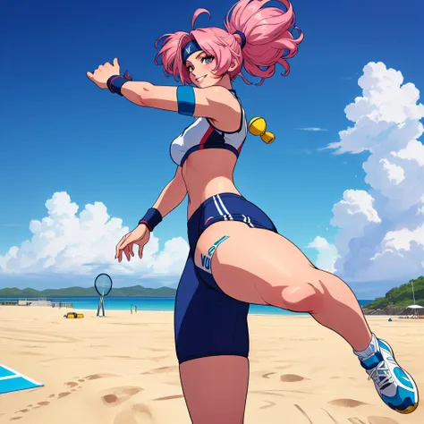 imagined a girl in extreme sport outfit playing to a flying disc game in a beach arena game sport, masterpiece, ultra-detailed, 80s anime (style), 2D, megapixel, perfectionism, full HD , 4K, (windjammers), windjammers sport game, windjammers 2 (((((solo ma...