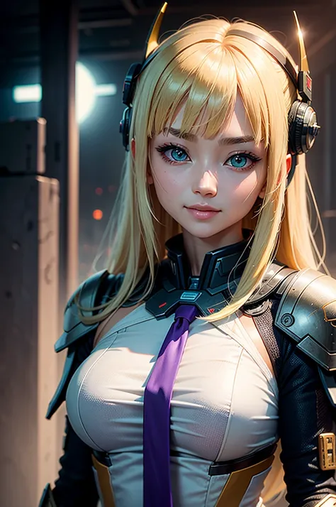 girl ，Asian faces，blond hair，With bangs，tie hair ，Big green eyes ，looking into camera with smile  ，Second Dimension，她穿着厚重的Science Fiction白色盔甲，The lamp on the armor is purple ，Set against the backdrop of the ruins of a future war，There are also spaceships i...