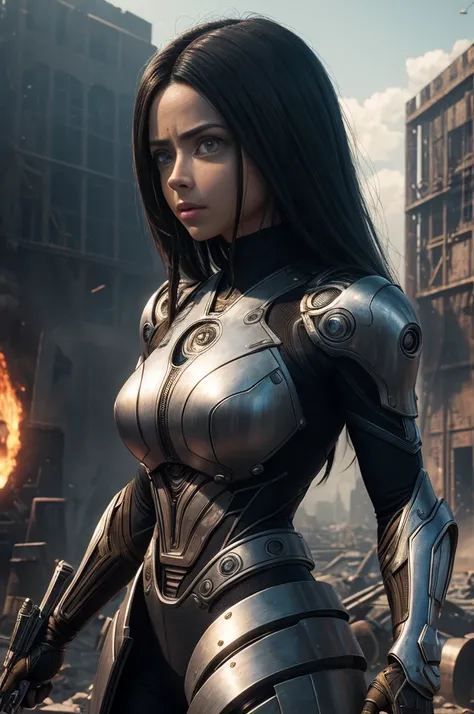 masterpiece , Surreal, HDR, Alita , cinematic character , movie pictures, woman, Steel market background,8k