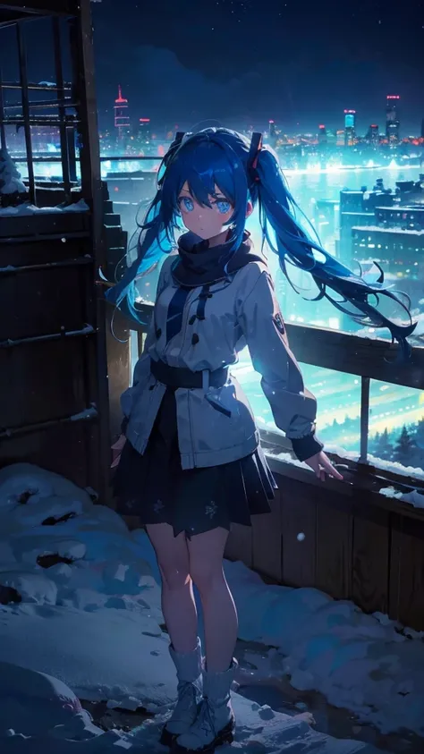 (masterpiece、highest quality)、1 girl ,Grim expression、hatsunemiku,Warm lighting、 Blurred foreground、night、High Contrast、Twin tails,blue gem eyes,Blue Hair,night,snowing,Heavy snowfall,winter,Alone in the vast snowy field,whole body,curse,Looking at me,Huge...