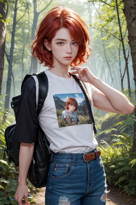 Young redheaded boy, short wavy hair, effeminate face, in the forest, drawing in a notebook, backpack and raccoon tail attached to his belt, modern clothing, torn denim pants, cute t-shirt, flower, light, sun, detailed face, detailed hair, detailed eyes.