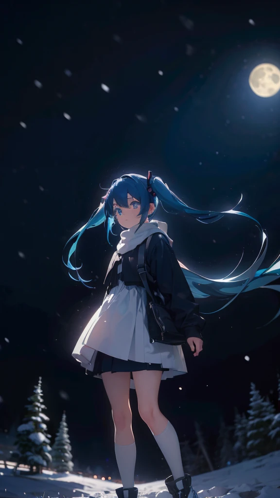 (masterpiece、highest quality)、1 girl ,Grim expression、hatsunemiku,Warm lighting、 Blurred foreground、night、High Contrast、Twin tails,blue gem eyes,Blue Hair,night,snowing,Heavy snowfall,winter,Alone in the vast snowy field,whole body,curse,Looking at me,Huge...