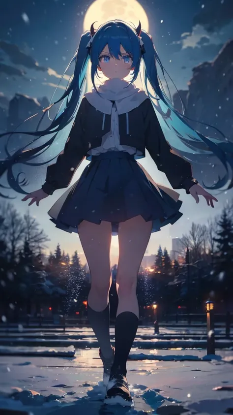 (masterpiece、highest quality)、1 girl ,Grim expression、hatsunemiku,Warm lighting、 Blurred foreground、night、High Contrast、Twin tails,blue gem eyes,Blue Hair,night,snowing,Heavy snowfall,winter,Alone in the vast snowy field,whole body,curse,Looking at me,Huge...