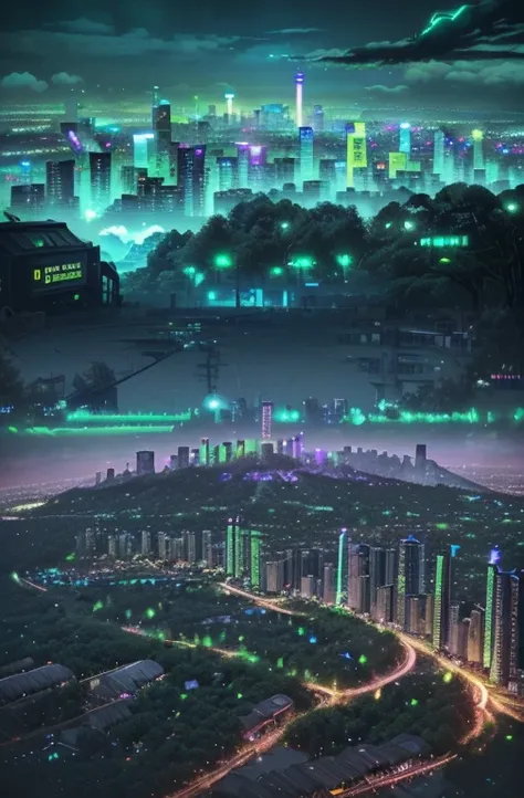 Create nature where we live without environmental issues bothering us no more but a beautiful city with towns and trees co-exist together in a cyberpunked, neon styled city skyline