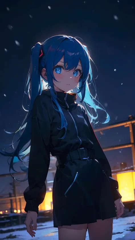 (masterpiece、highest quality)、1 girl ,Grim expression、hatsunemiku,Warm lighting、 Blurred foreground、night、High Contrast、Twin tails,blue gem eyes,Blue Hair,night,snowing,Heavy snowfall,winter,Alone in the vast snowy field,whole body,curse,Looking at me,Huge...