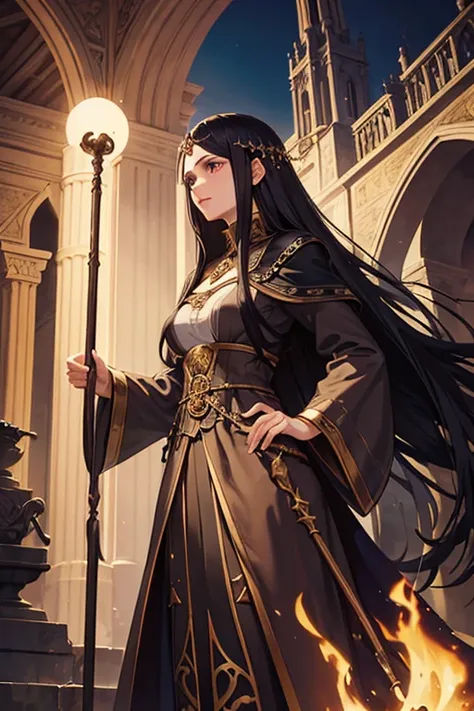 European medieval fantasy sorceress, Italian features, 22 years old, very long black hair, holds a long stick, with orbs