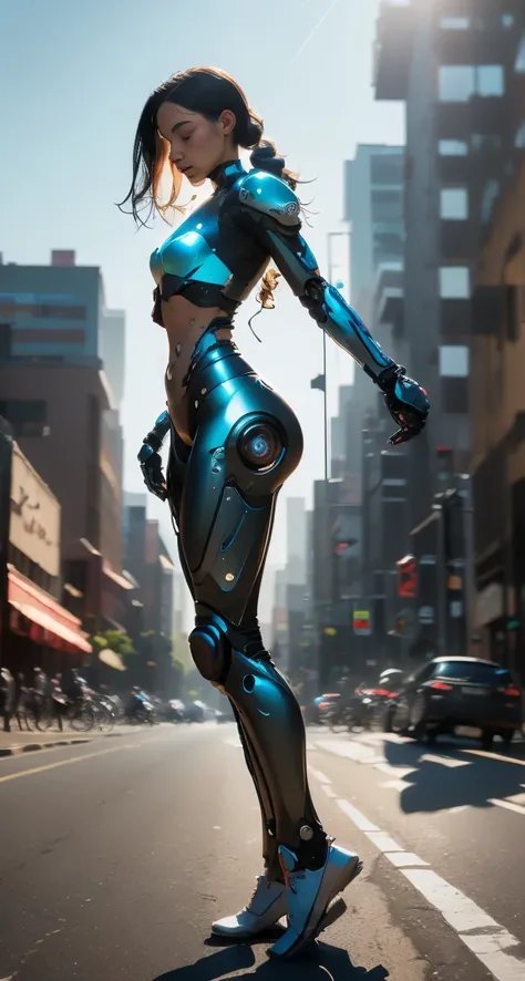 A female cyborg riding a high-tech motorcycle on the street, (side view, Half-turn:1.2), lying down, dancing, jumping, shooting, crying, masturbating, high quality, Absurd, Masterpiece, Beautiful, complex parts, 1/2 body crops, slender body, Beautiful figu...