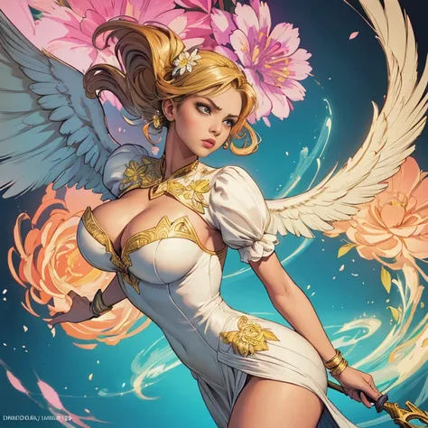 comics art,vivid colors,beautiful vintage super hero warrior woman with very big big wings,beautiful face,corpo de frente para o observador,segurando uma espada na frente do corpo,white dress with gold embroid details,little breasts, (determined face expre...