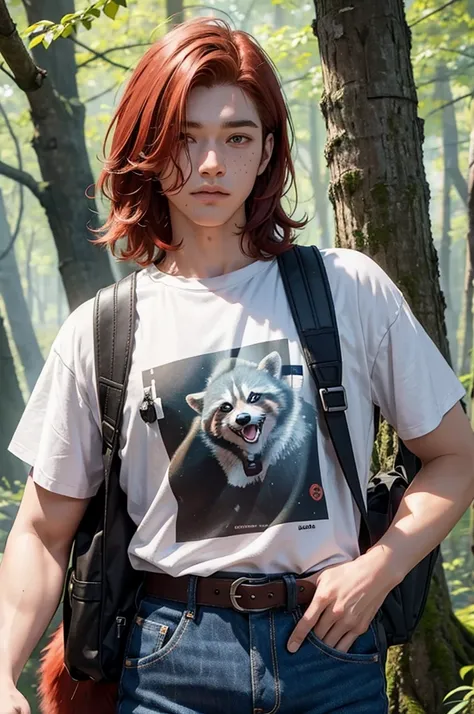 Young redheaded boy, short wavy hair, effeminate face, in the forest, drawing in a notebook, backpack and raccoon tail attached to the belt, modern clothing, torn denim pants, t-shirt, flower, light, sun, detailed face, brown eyes, detailed hair, detailed ...