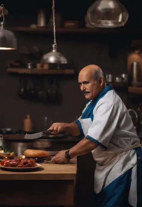 Homem 66 anos, Ultra-realistic variations, He held a kitchen knife intently，Corte uma carne grande inteira，The big guy is completely on the table，Dark blue Japanese chef costume，barba，Short hair division，maduro, gets mad, hold a knife to a person