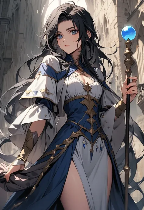 European medieval fantasy sorceress, Italian features, 22 years old, very long black hair, holds a long stick, with orbs