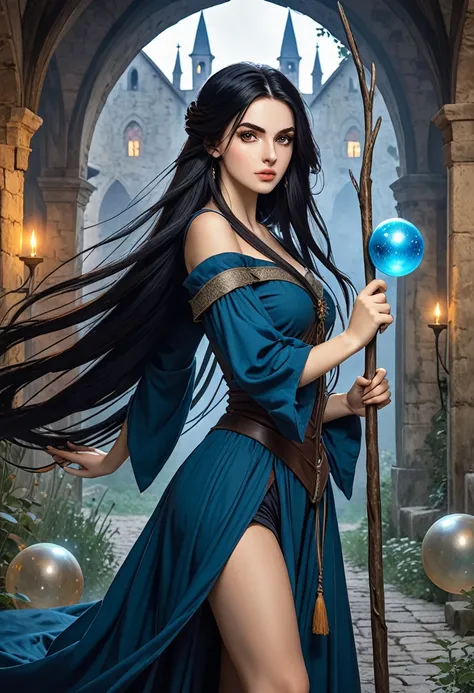 European medieval fantasy sorceress, Italian features, 22 years old, very long black hair, holds a long stick, with orbs