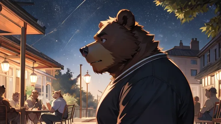 Environnement : A park with vegetation dimly lit by street lamps, le clair de lune , light rain,. Le protagoniste est assis sur un banc, immersed in thoughts. Personnages : Protagoniste : anthro (bear), male, alone, (bear), il regarde le clair de lune, wit...