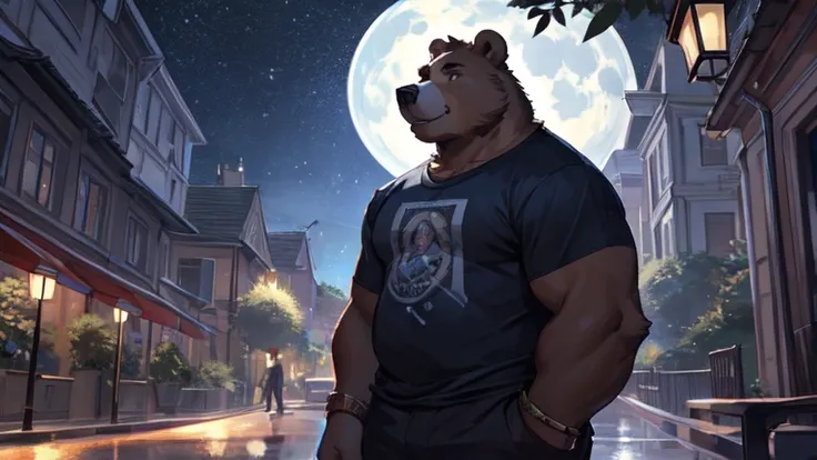 Environnement : A park with vegetation dimly lit by street lamps, le clair de lune , light rain,. Le protagoniste est assis sur un banc, immersed in thoughts. Personnages : Protagoniste : anthro (bear), male, alone, (bear), il regarde le clair de lune, wit...