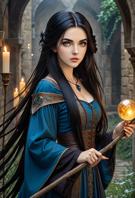 European medieval fantasy sorceress, Italian features, 22 years old, very long black hair, holds a long stick with orbs