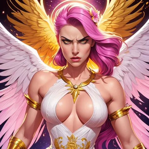 comics art,vivid colors,beautiful vintage angel warrior woman with very big big wings,beautifu lface,corpo de frente para o observador,segurando uma espada na frente do corpo,white dress with gold embroid details,little breasts, determined angry face expre...