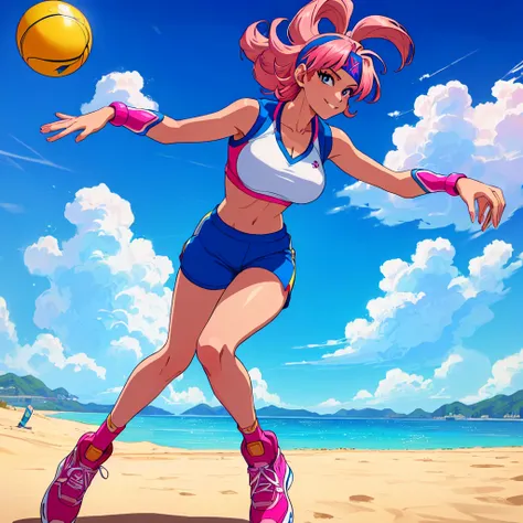 imagined a girl in extreme sport outfit playing to a flying disc game in a beach arena game sport, masterpiece, ultra-detailed, 80s anime (style), 2D, megapixel, perfectionism, full HD , 4K, (windjammers), windjammers sport game, windjammers 2 (((((solo ma...