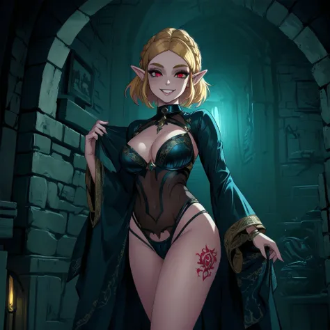 (zelda totk reimagined as a corrupted dark queen by ganon  )+++, sfw++,masterpiece, best quality, high quality, illustration, film grain,(perfect female )++, beautiful detailed eyes,  (symbol of evil:1.2),milf zelda, lascivious woman, (evil smile:1.1), (vi...