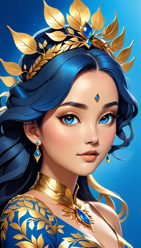 The image showcases a striking blend of nature and luxury, embodied in the form of a woman adorned with gold. Her attire is a harmonious blend of blue and gold, with gold leaves and branches intricately designed on her dress, creating a visual spectacle th...