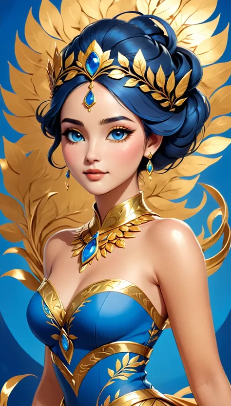 The image showcases a striking blend of nature and luxury, embodied in the form of a woman adorned with gold. Her attire is a harmonious blend of blue and gold, with gold leaves and branches intricately designed on her dress, creating a visual spectacle th...