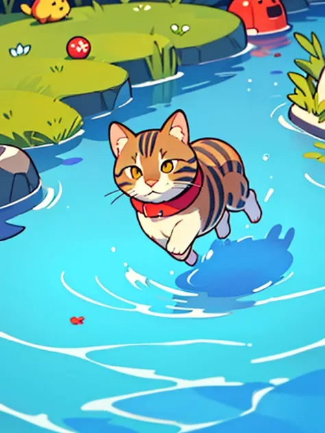 Hay un gato corriendo, flotando en el agua，hay burbujas, lindo