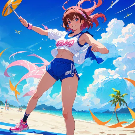 imagined a girl in extreme sport outfit playing to a flying disc game in a beach arena game sport, masterpiece, ultra-detailed, 80s anime (style), 2D, megapixel, perfectionism, full HD , 4K, (windjammers), windjammers sport game, windjammers 2 (((((solo ma...